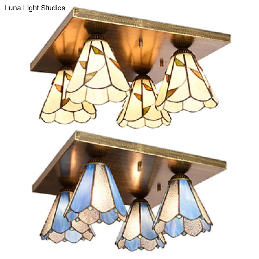 Blue/Beige Tiffany Stained Glass Cone Ceiling Light Fixture With 4 Flush Mount Lights