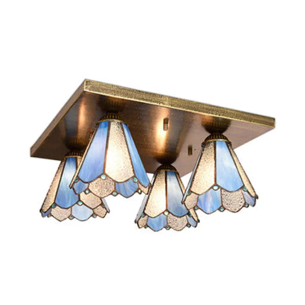 Blue/Beige Tiffany Stained Glass Cone Ceiling Light Fixture With 4 Flush Mount Lights Blue
