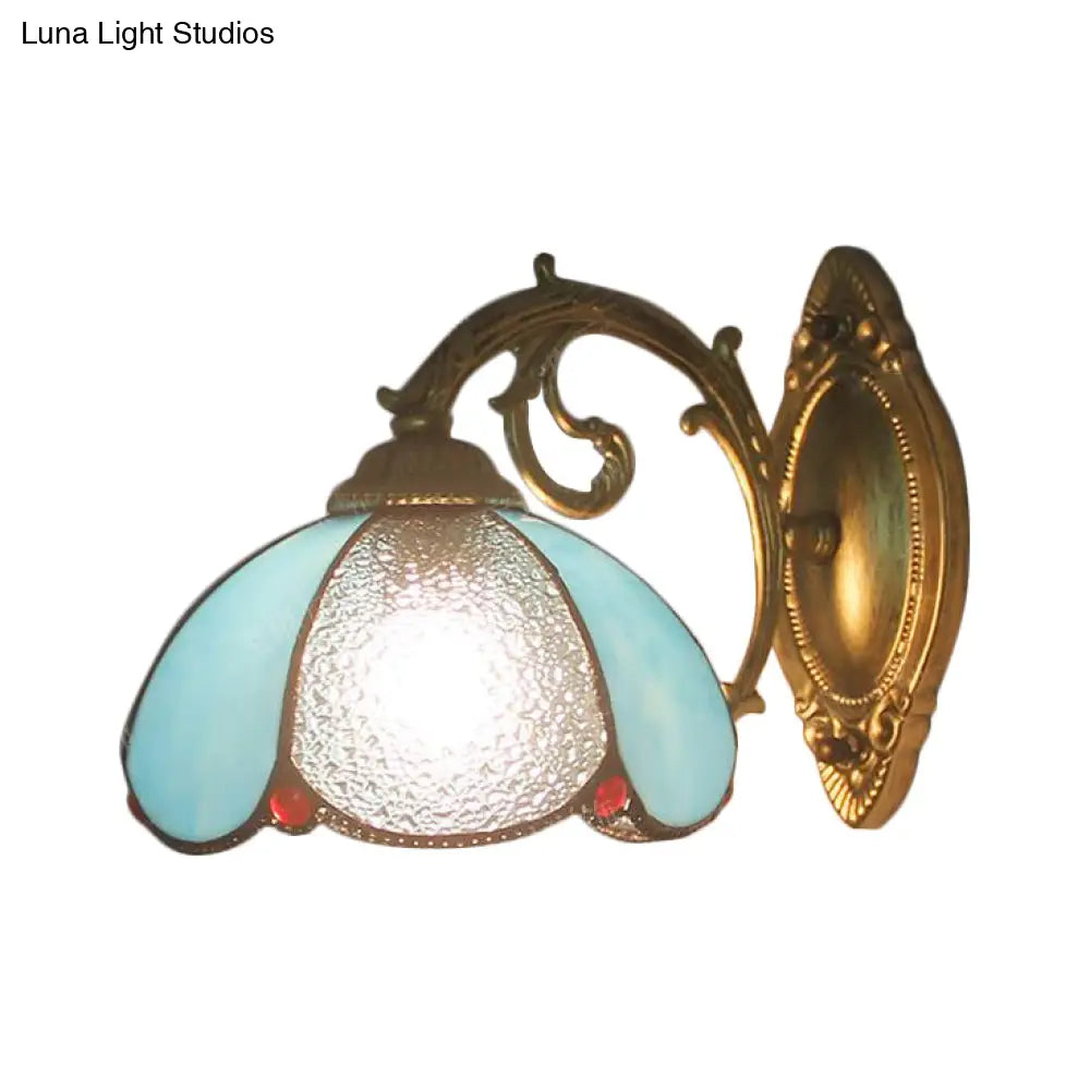 Blue/Beige Tiffany Style Stained Glass Wall Lamp For Bedroom - Floral Sconce Lighting