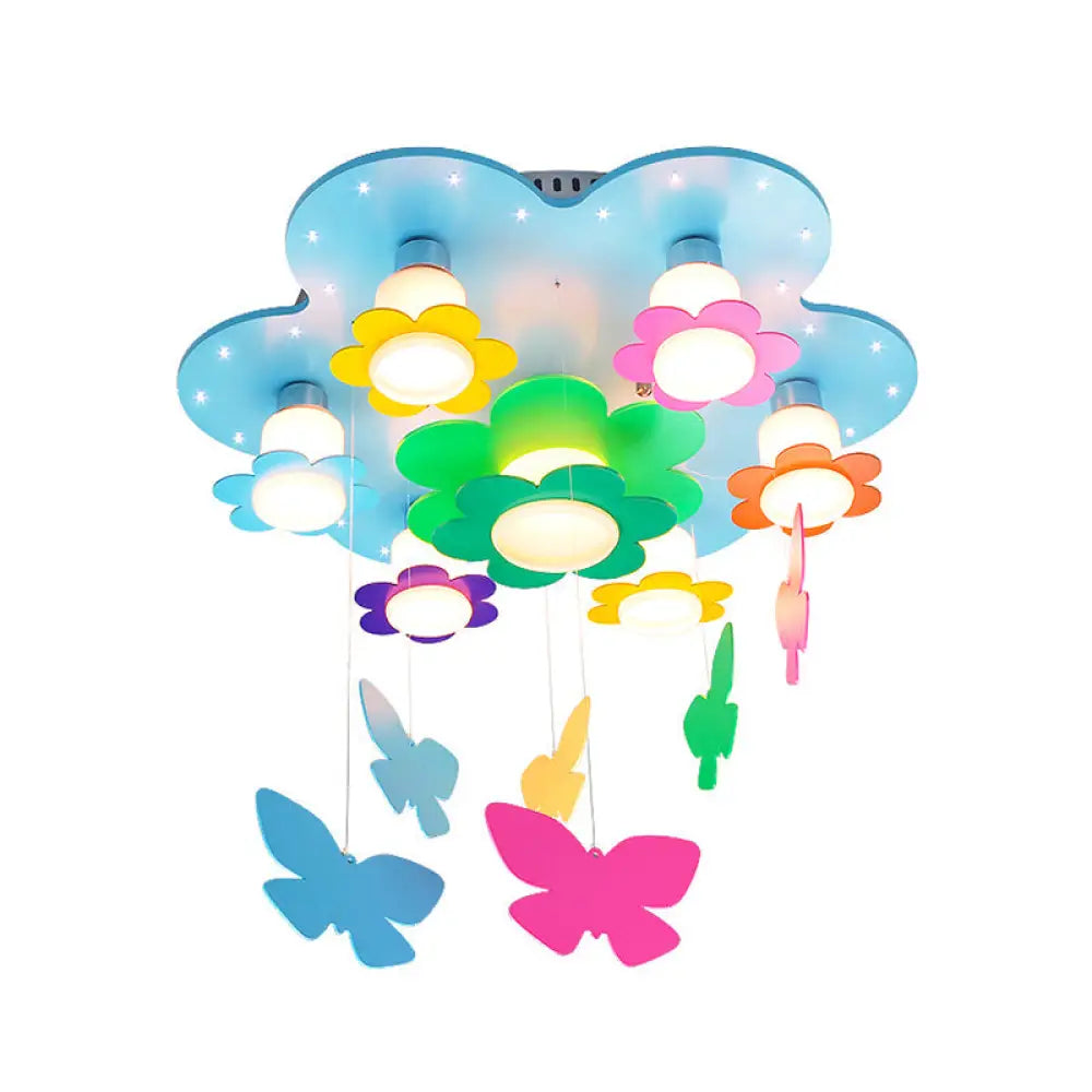 Blue Blossom Ceiling Mount Light With Hanging Butterfly: 7 - Head Wood Lamp For Child Bedroom