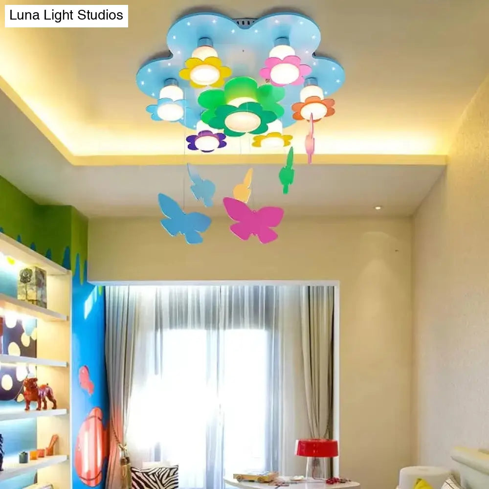 Blue Blossom Ceiling Mount Light With Hanging Butterfly: 7 - Head Wood Lamp For Child Bedroom