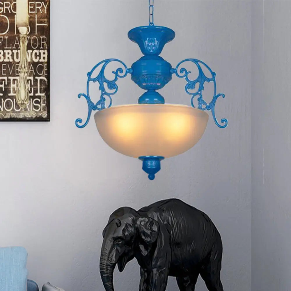 Blue Bowl Chandelier Lamp - Classic Metal Style 3 Lights For Living Room