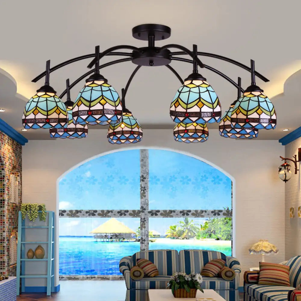 Blue Bowl Stained Glass Semi Flush Mount Lamp - Mediterranean Style With 6/8 Lights Ceiling Fixture