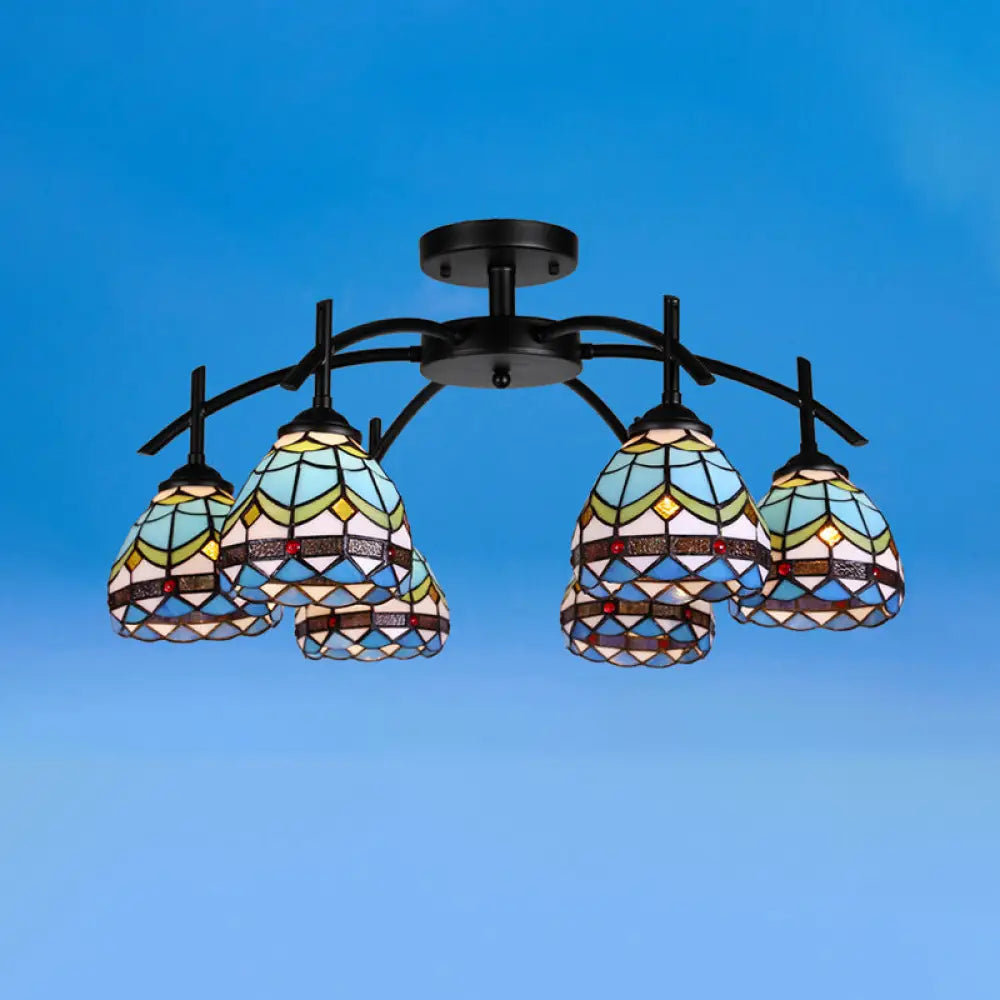 Blue Bowl Stained Glass Semi Flush Mount Lamp - Mediterranean Style With 6/8 Lights Ceiling Fixture