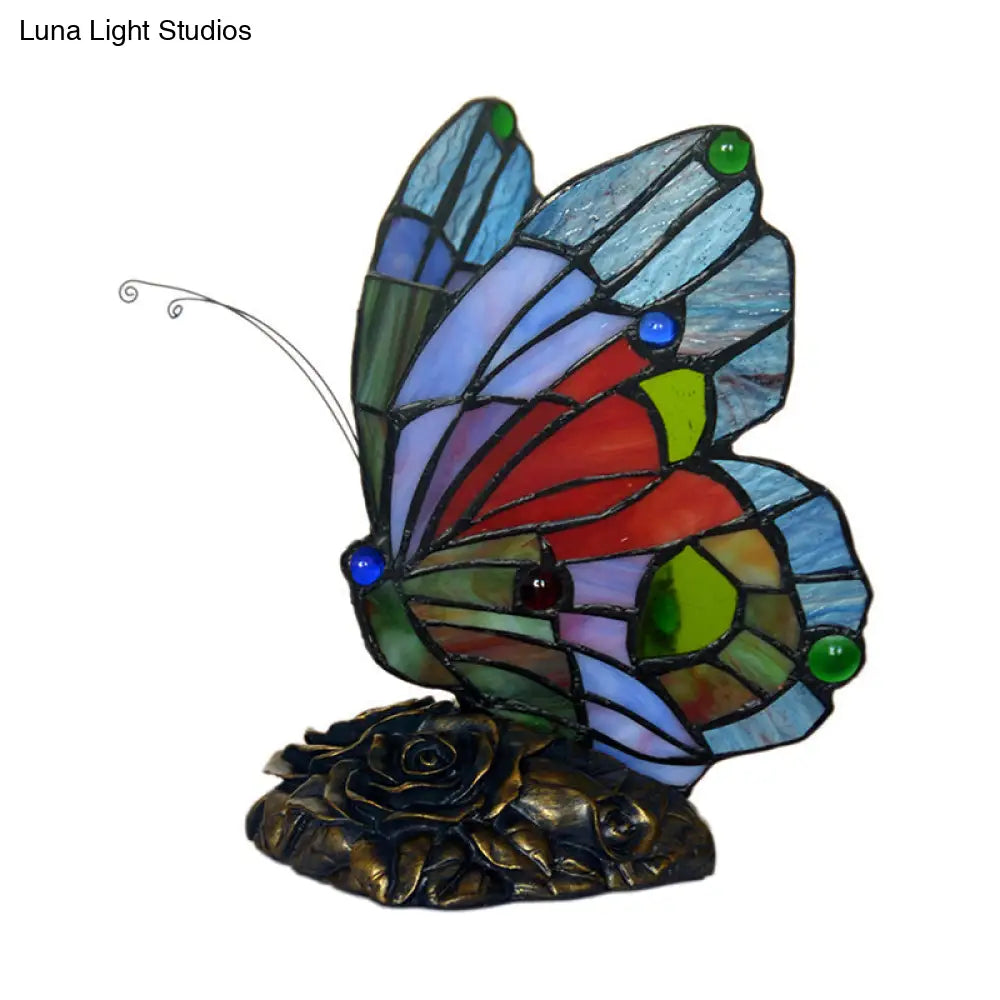 Blue Butterfly Nightstand Lamp - Baroque Style Cut Glass With Resin Rose Base