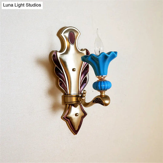 Blue Candelabra Wall Sconce With Porcelain Flower Shade - Classical Metal 1/2 Lights For Living Room