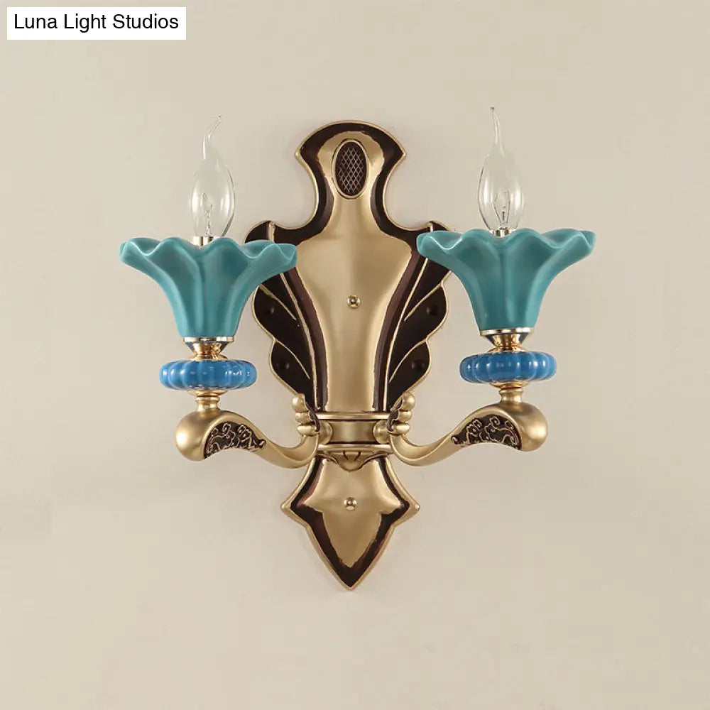 Blue Candelabra Wall Sconce With Porcelain Flower Shade - Classical Metal 1/2 Lights For Living Room