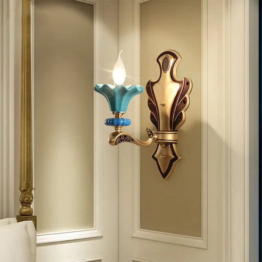 Blue Candelabra Wall Sconce With Porcelain Flower Shade - Classical Metal 1/2 Lights For Living Room