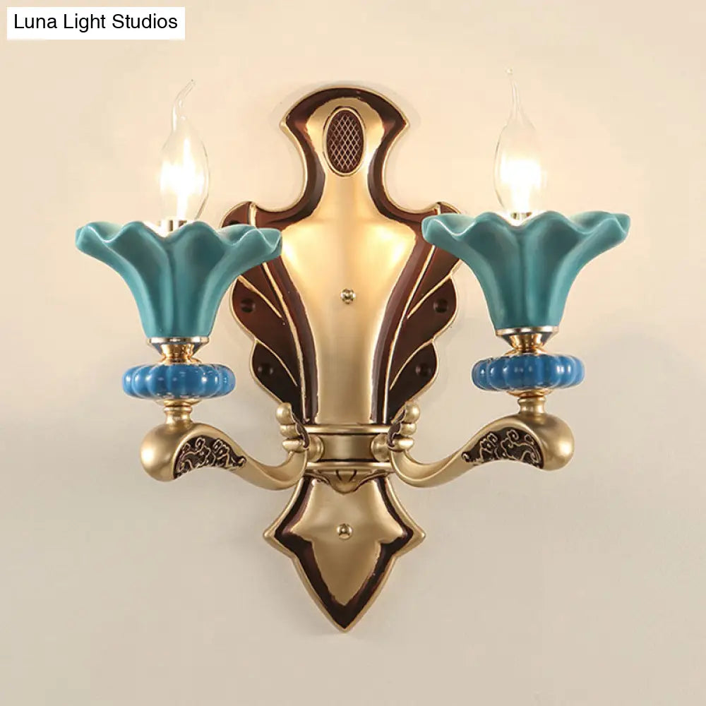 Blue Candelabra Wall Sconce With Porcelain Flower Shade - Classical Metal 1/2 Lights For Living Room