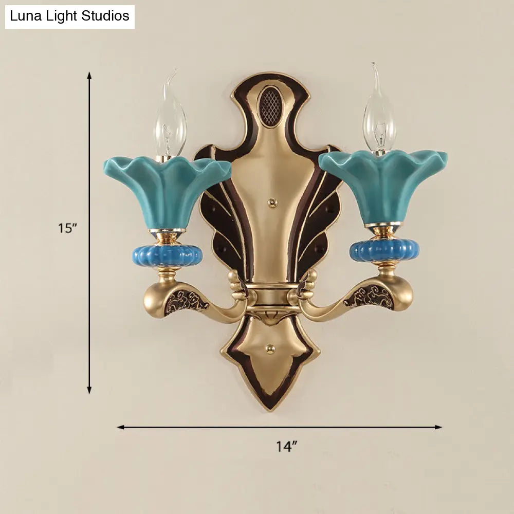 Blue Candelabra Wall Sconce With Porcelain Flower Shade - Classical Metal 1/2 Lights For Living Room