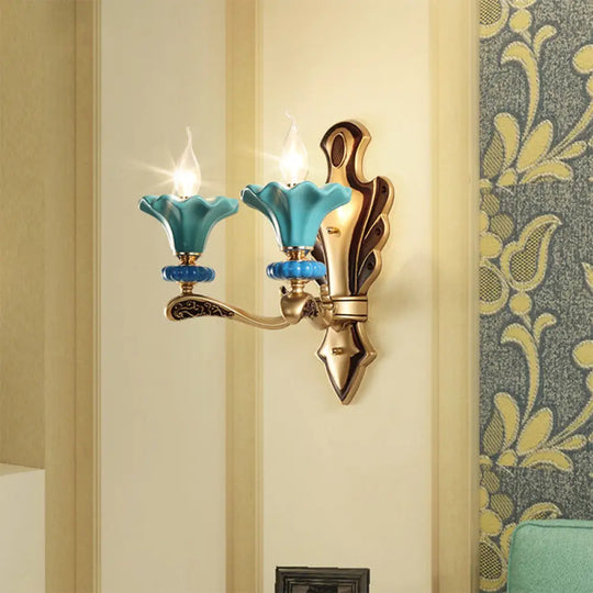 Blue Candelabra Wall Sconce With Porcelain Flower Shade - Classical Metal 1/2 Lights For Living Room