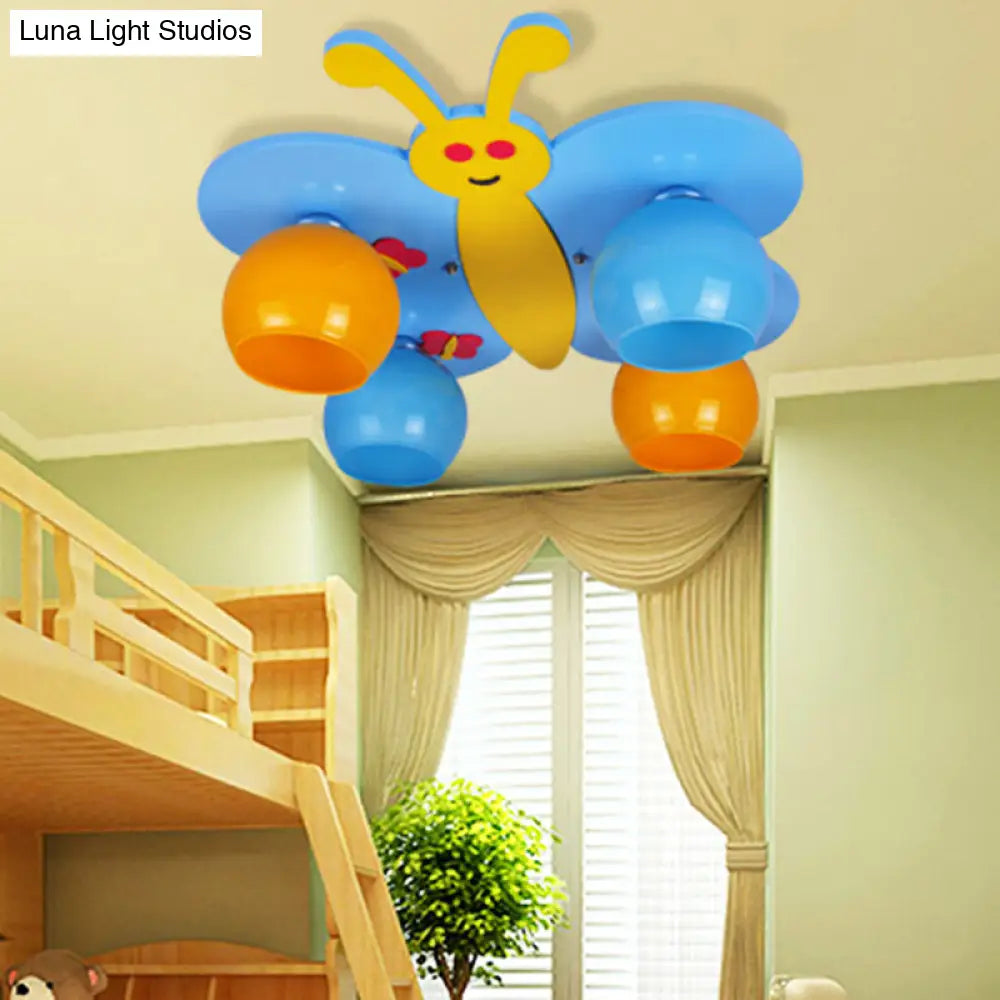 Blue Cartoon Butterfly Ceiling Lamp With 4 Wooden Heads For Kids Room