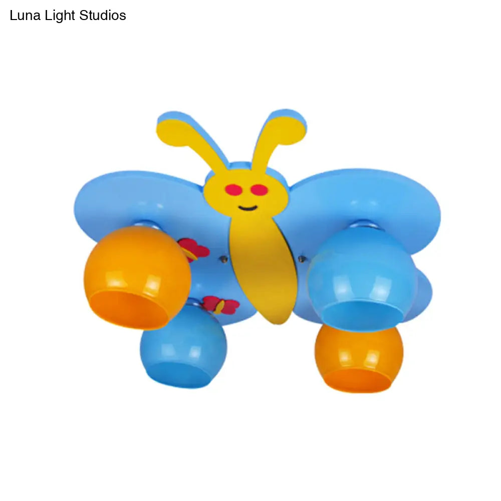 Blue Cartoon Butterfly Ceiling Lamp With 4 Wooden Heads For Kids Room