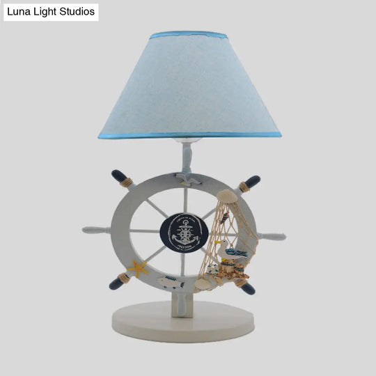 Blue Cartoon Cone Table Light: 1-Bulb Fabric Nightstand Lighting With Wooden Rudder Base