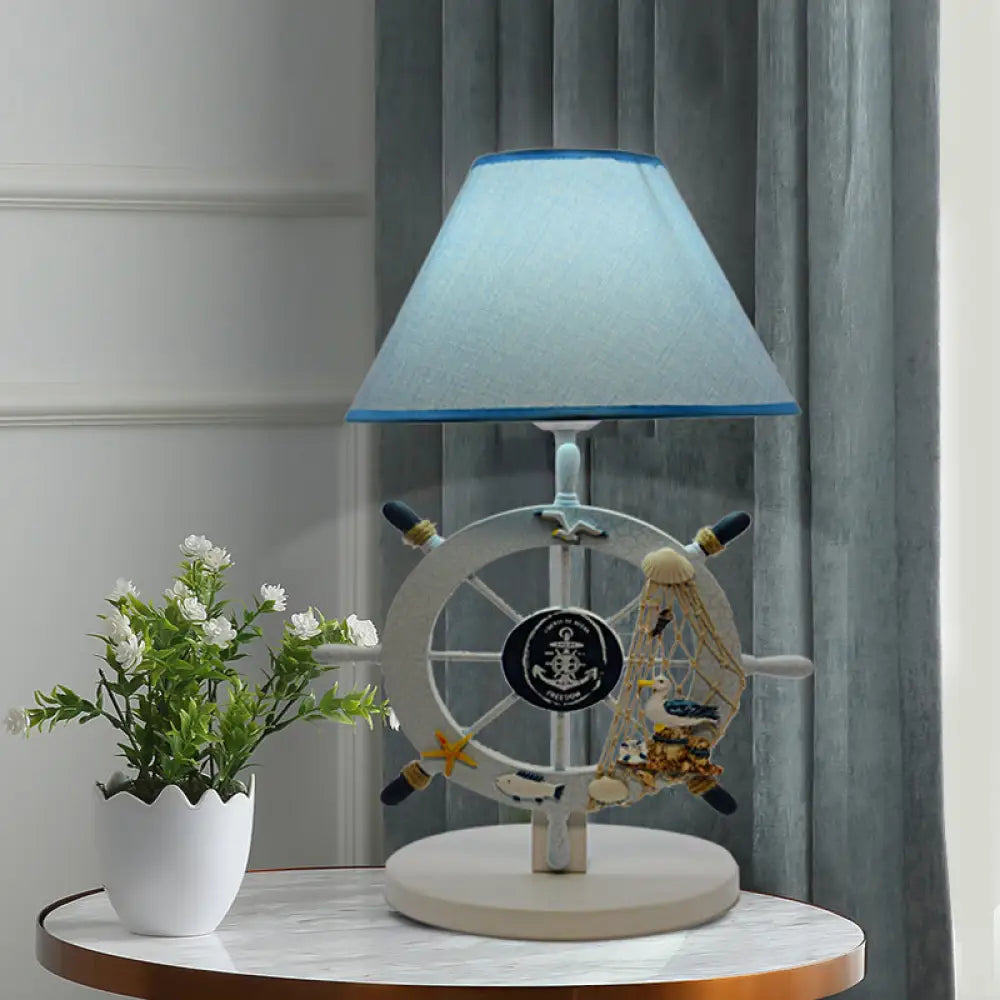 Blue Cartoon Cone Table Light: 1-Bulb Fabric Nightstand Lighting With Wooden Rudder Base