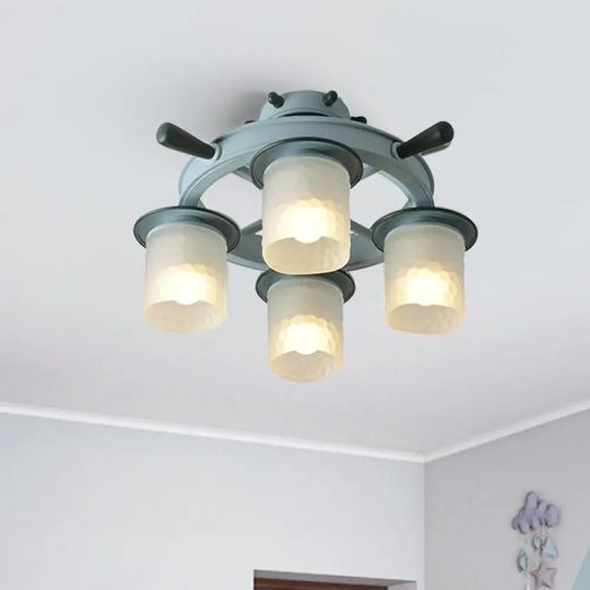 Blue Cartoon Cylinder Ceiling Lamp With Frosted Glass And Rudder Design - 4 Heads Semi Flush Ideal