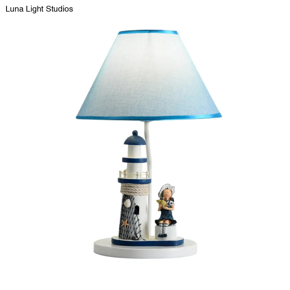 Blue Cartoon Girl/Boy Barrel Shade Night Light: Kids Fabric Table Lamp With Lighthouse Decor