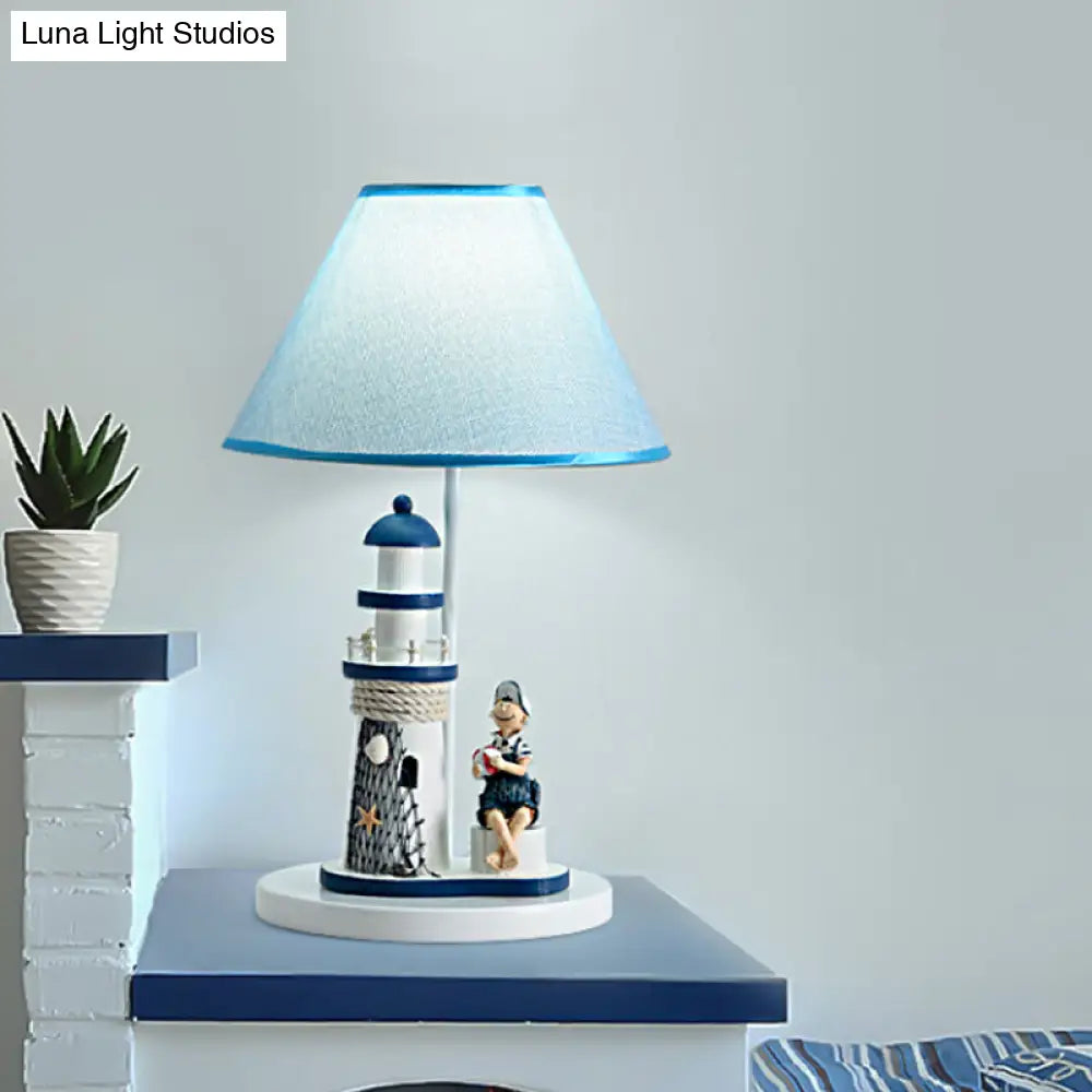 Blue Cartoon Girl/Boy Barrel Shade Night Light: Kids Fabric Table Lamp With Lighthouse Decor