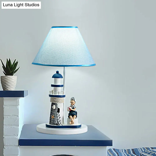 Blue Cartoon Girl/Boy Barrel Shade Night Light: Kids Fabric Table Lamp With Lighthouse Decor