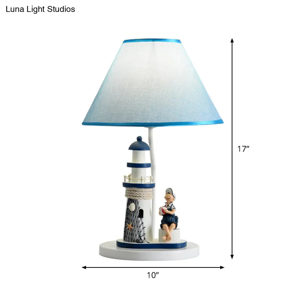 Blue Cartoon Girl/Boy Barrel Shade Night Light: Kids Fabric Table Lamp With Lighthouse Decor