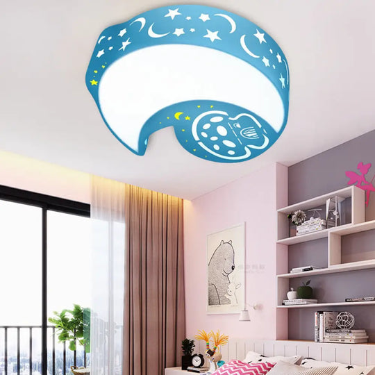 Blue Cartoon Moon Ceiling Lamp For Kindergarten With Acrylic Flush Mount / Warm