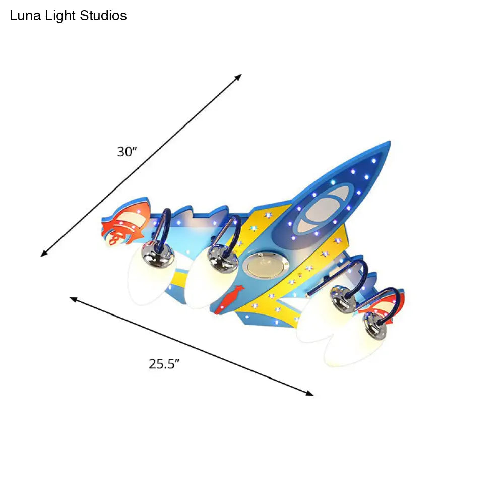 Blue Cartoon Plane Ceiling Light Fixture: Frosted Glass 4 Lights Flushmount For Kids Room