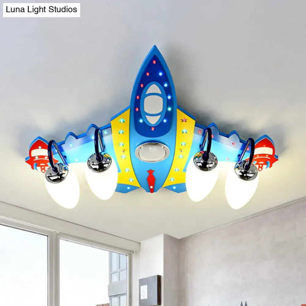 Blue Cartoon Plane Ceiling Light Fixture: Frosted Glass 4 Lights Flushmount For Kids Room