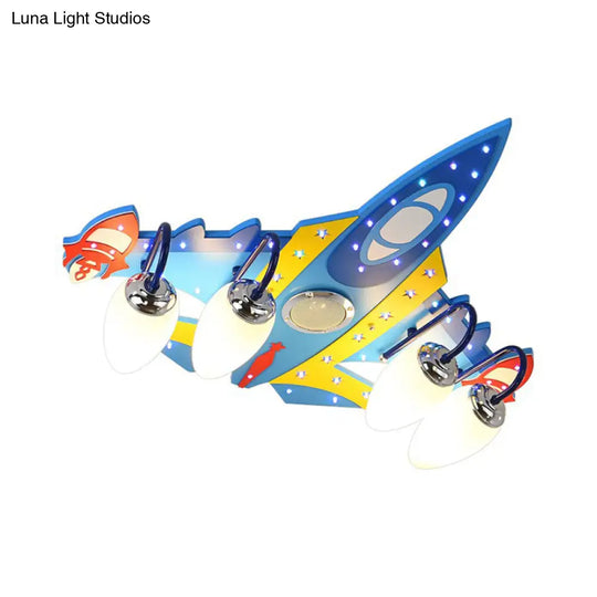 Blue Cartoon Plane Ceiling Light Fixture: Frosted Glass 4 Lights Flushmount For Kids Room