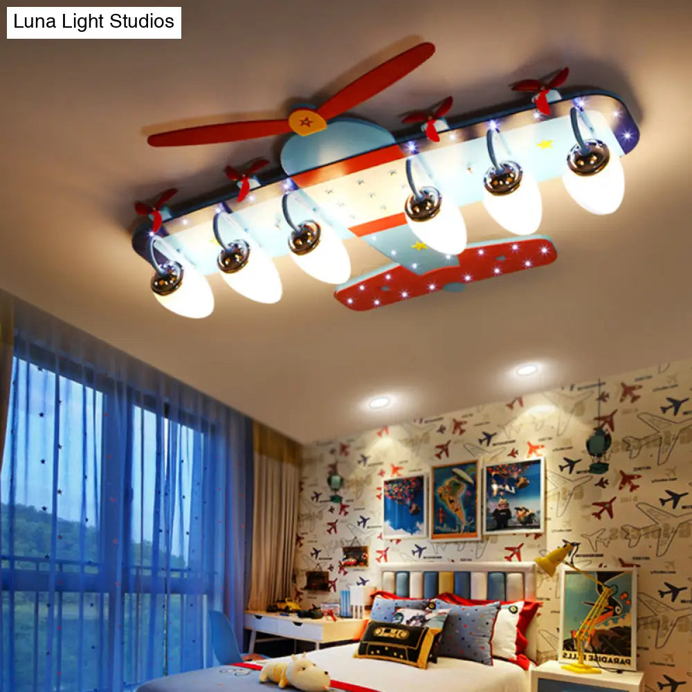 Blue Cartoon Plane Ceiling Light With Wood Propeller - Perfect For Baby Bedrooms!