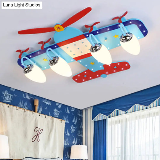 Blue Cartoon Plane Ceiling Light With Wood Propeller - Perfect For Baby Bedrooms! 4 /