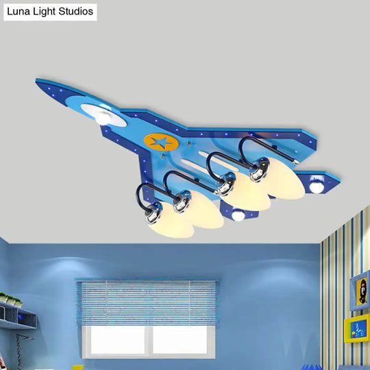 Blue Cartoon Plane Close-To-Ceiling Flushmount Lamp With Warm/White Lighting - 3/5 Bulb Wooden