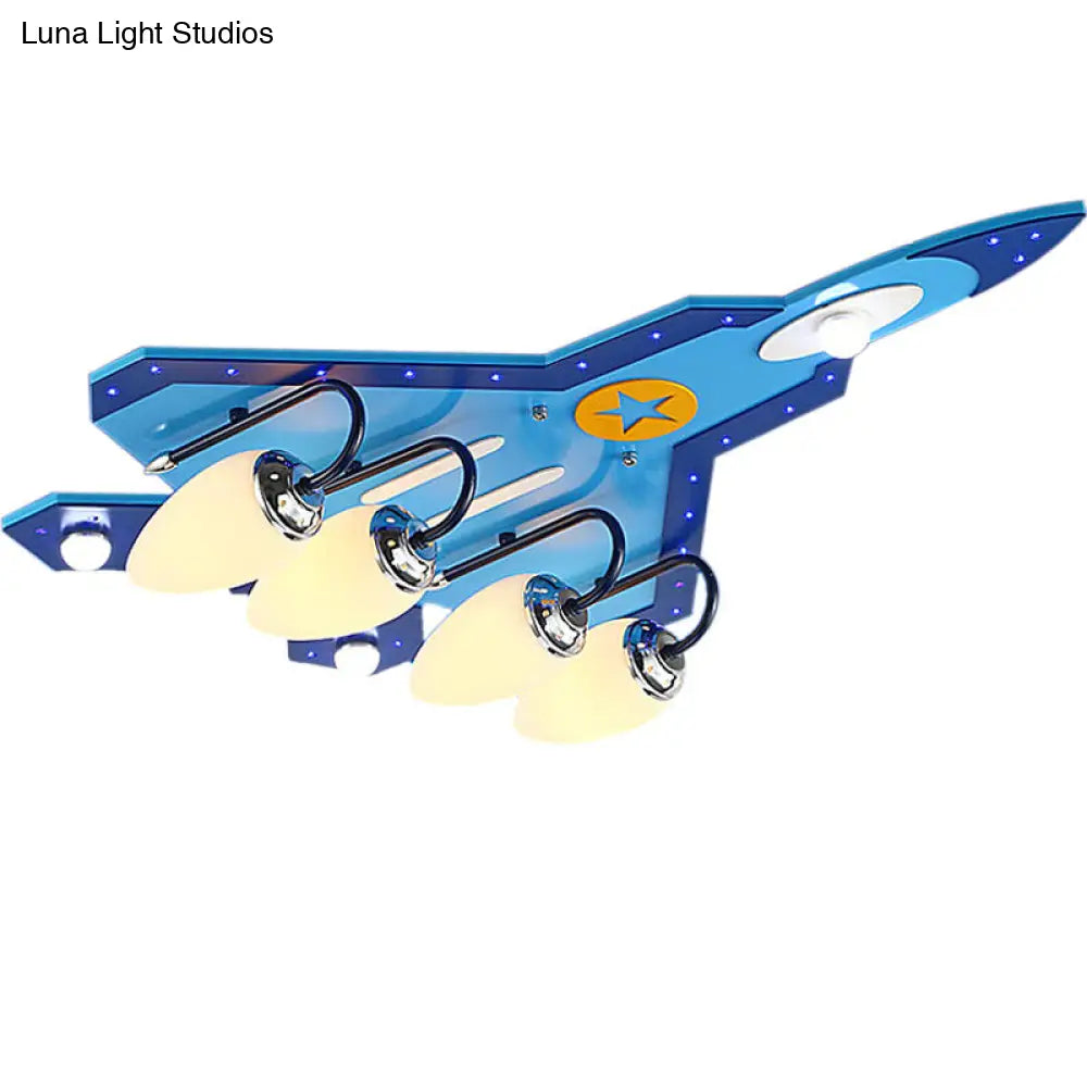 Blue Cartoon Plane Close-To-Ceiling Flushmount Lamp With Warm/White Lighting - 3/5 Bulb Wooden