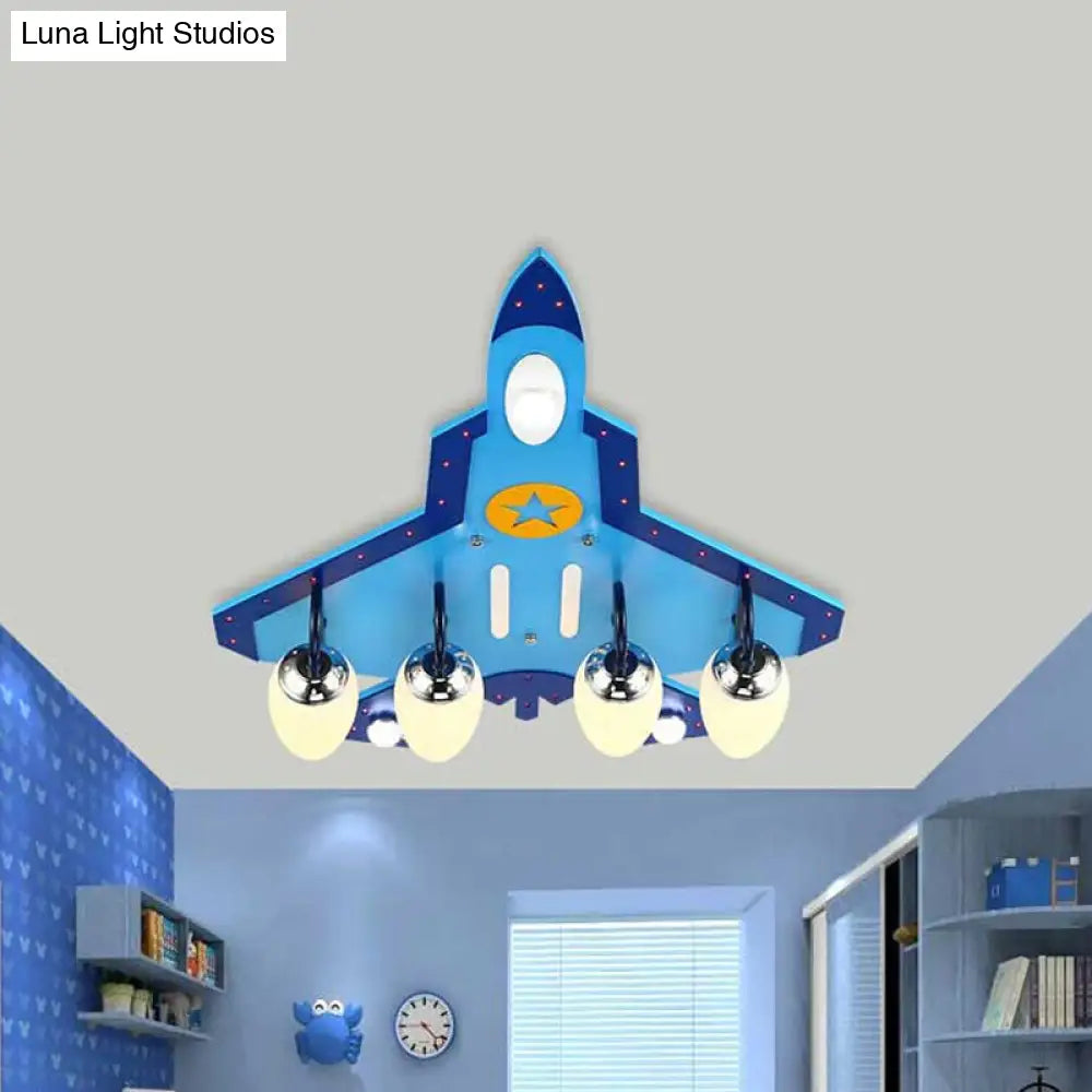 Blue Cartoon Plane Close-To-Ceiling Flushmount Lamp With Warm/White Lighting - 3/5 Bulb Wooden