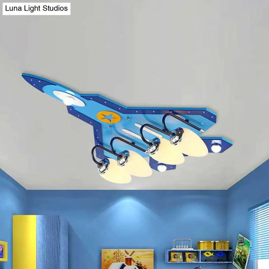 Blue Cartoon Plane Close-To-Ceiling Flushmount Lamp With Warm/White Lighting - 3/5 Bulb Wooden