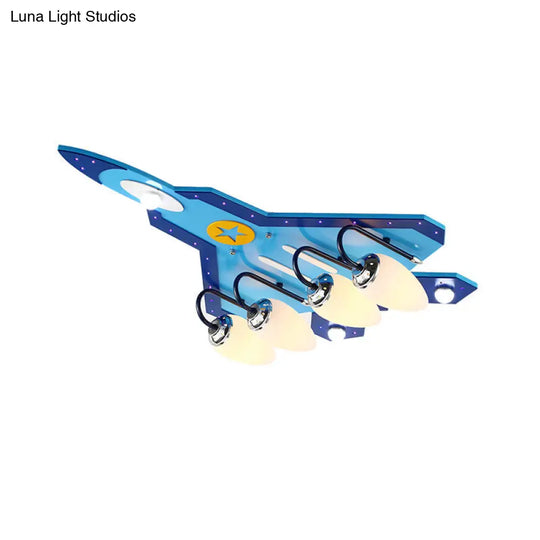 Blue Cartoon Plane Close-To-Ceiling Flushmount Lamp With Warm/White Lighting - 3/5 Bulb Wooden