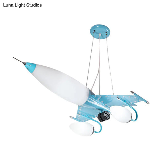 Blue Cartoon Plane Led Kids Bedroom Chandelier With Opal Glass Shade