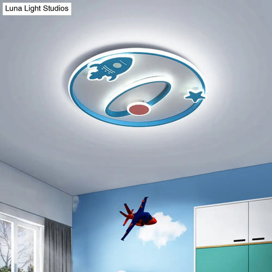 Blue Cartoon Spaceship Ceiling Lamp - Led Flush Mount Acrylic Fixture For Nursery