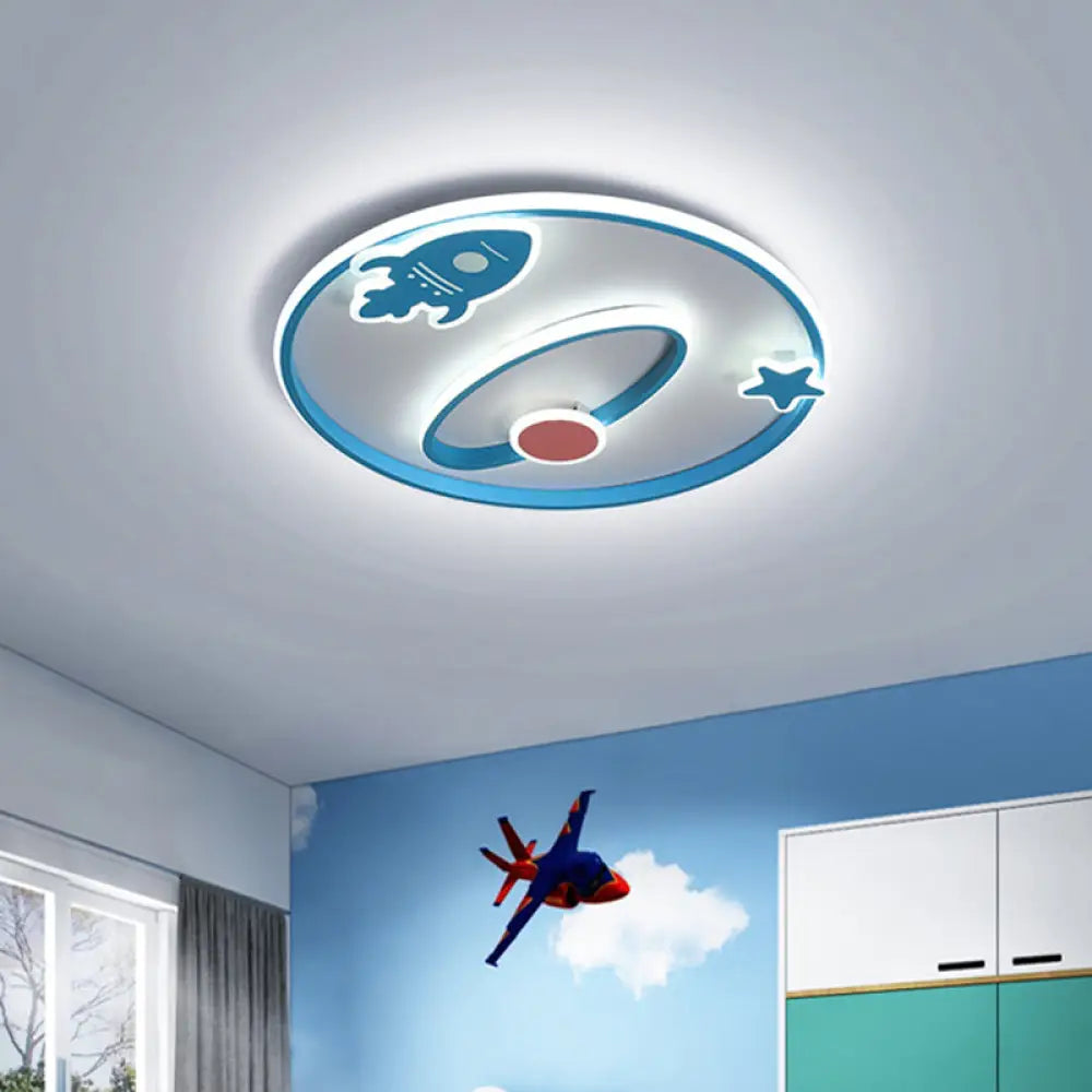 Blue Cartoon Spaceship Ceiling Lamp - Led Flush Mount Acrylic Fixture For Nursery