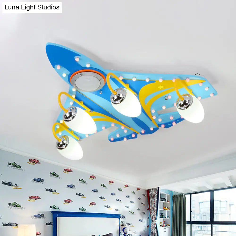 Blue Cartoon Wooden Jet Close To Ceiling Light - 4 Heads Bedroom Flush Fixture