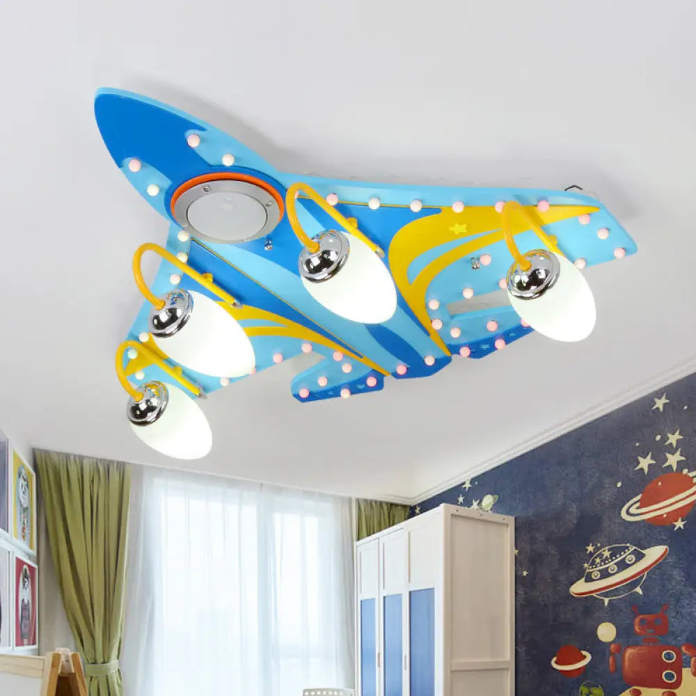Blue Cartoon Wooden Jet Close To Ceiling Light - 4 Heads Bedroom Flush Fixture