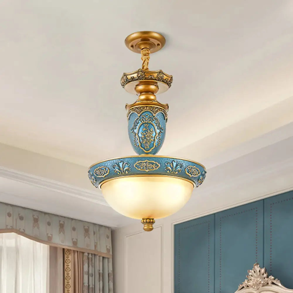 Blue Carved Blossom Pendant Farmhouse Lamp With Frosted Glass Dome - 3 Bulbs 14.5/19 Wide / 14.5