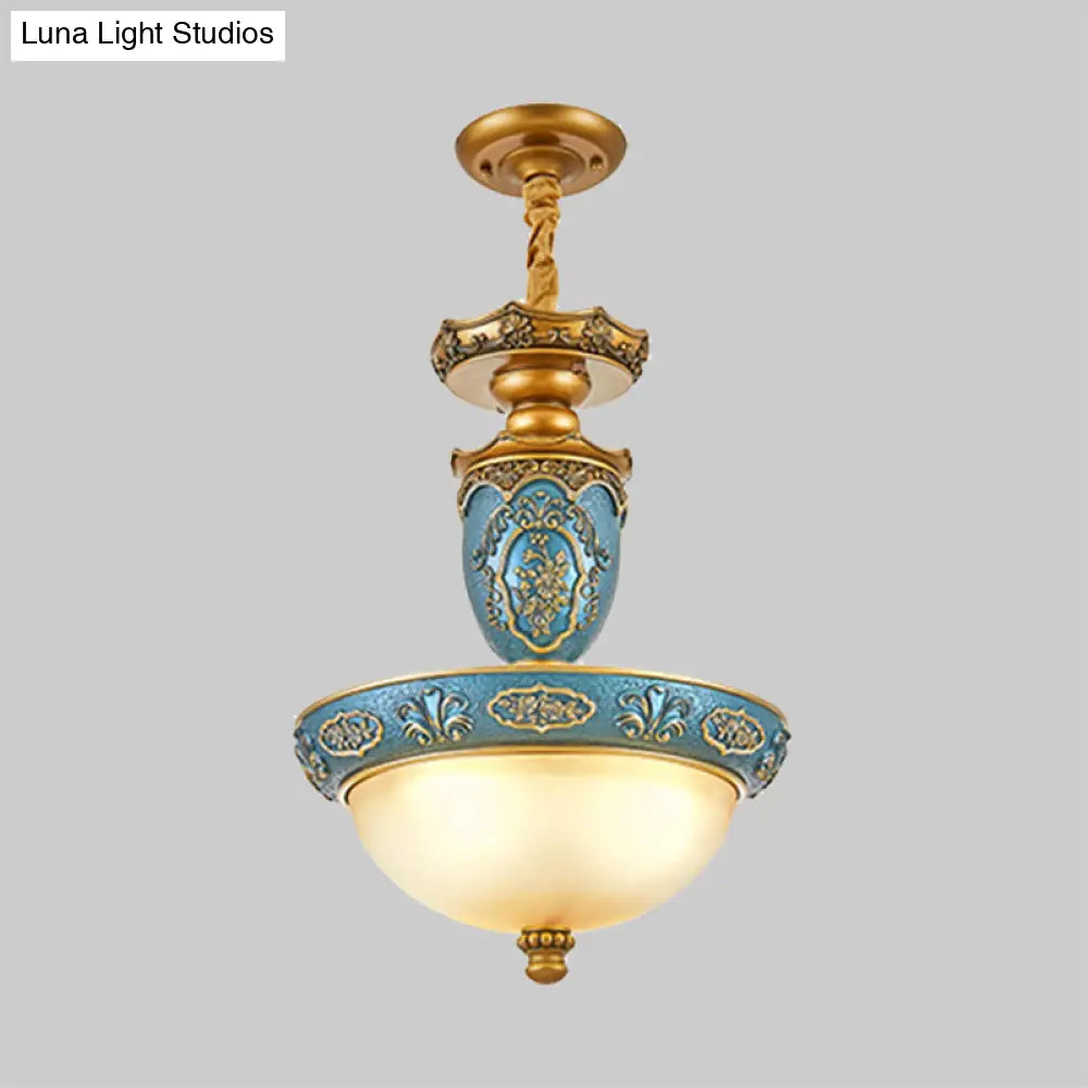 Blue Carved Blossom Pendant Farmhouse Lamp With Frosted Glass Dome - 3 Bulbs 14.5/19 Wide