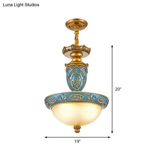 Blue Carved Blossom Pendant Farmhouse Lamp With Frosted Glass Dome - 3 Bulbs 14.5/19 Wide