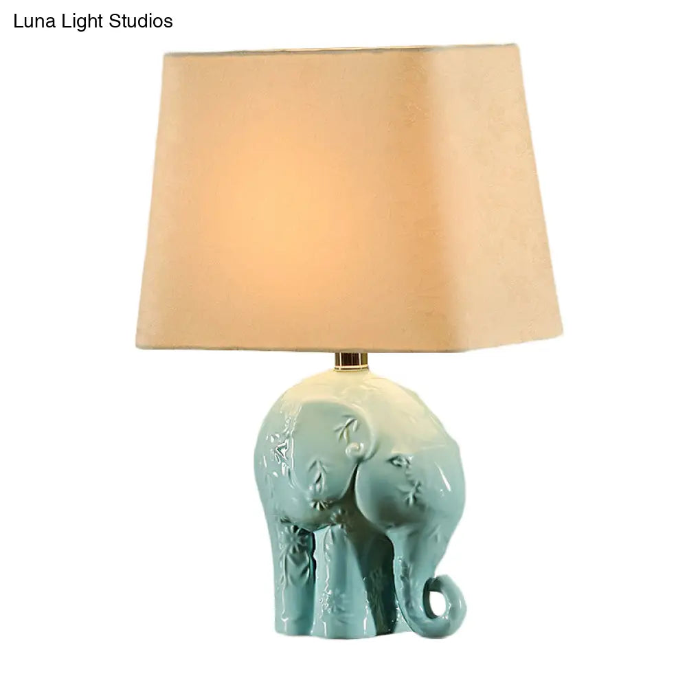 Blue Ceramic Elephant Table Lamp - Farmhouse Night Light With Trapezoid Fabric Shade