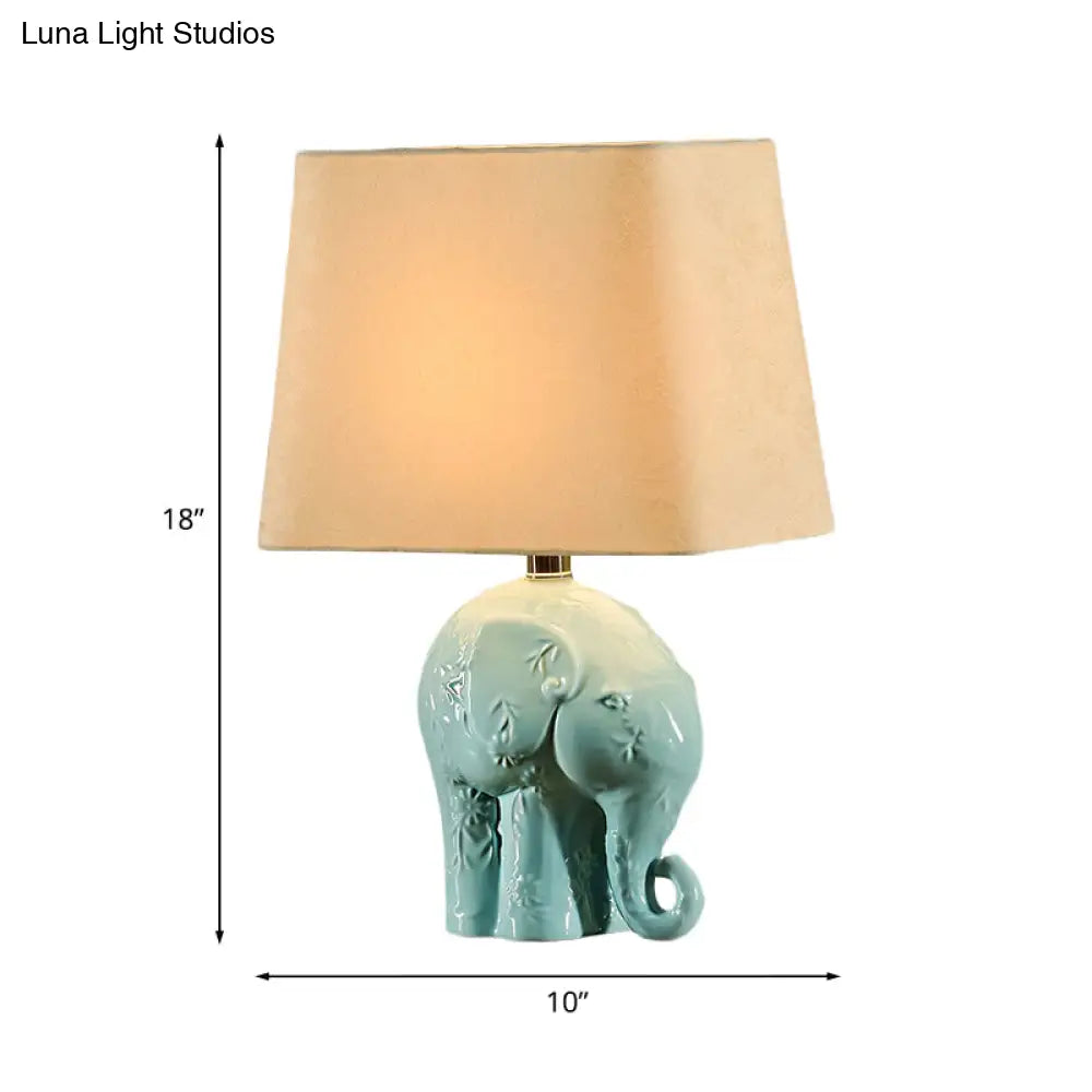 Blue Ceramic Elephant Table Lamp - Farmhouse Night Light With Trapezoid Fabric Shade