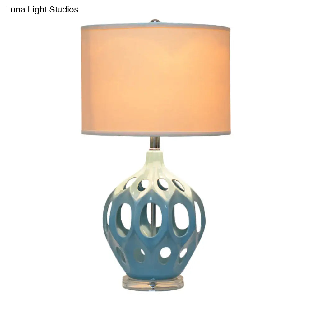 Blue Ceramic Hollowed Out Night Light Table Lamp With Fabric Shade - Traditional Single Living Room