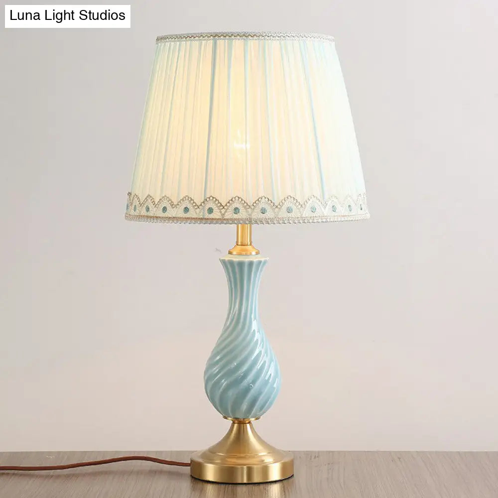 Blue Ceramic Table Lamp With Pleated Fabric Shade - Modern Nightstand Light