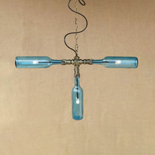 Blue/Clear Glass Chandelier Pendant Light - Antique Stylish Bottle Design 3 Lights Ideal For Dining