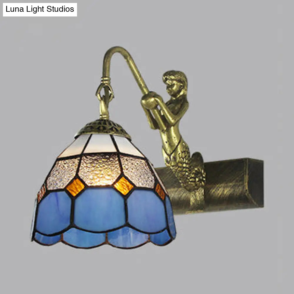 Blue/Clear Glass Dome Wall Light Fixture With Baroque Sconce Detailing And Mermaid Backplate