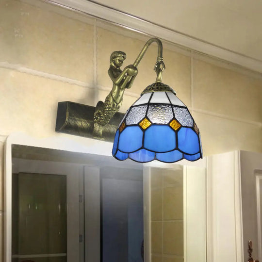 Blue/Clear Glass Dome Wall Light Fixture With Baroque Sconce Detailing And Mermaid Backplate Clear